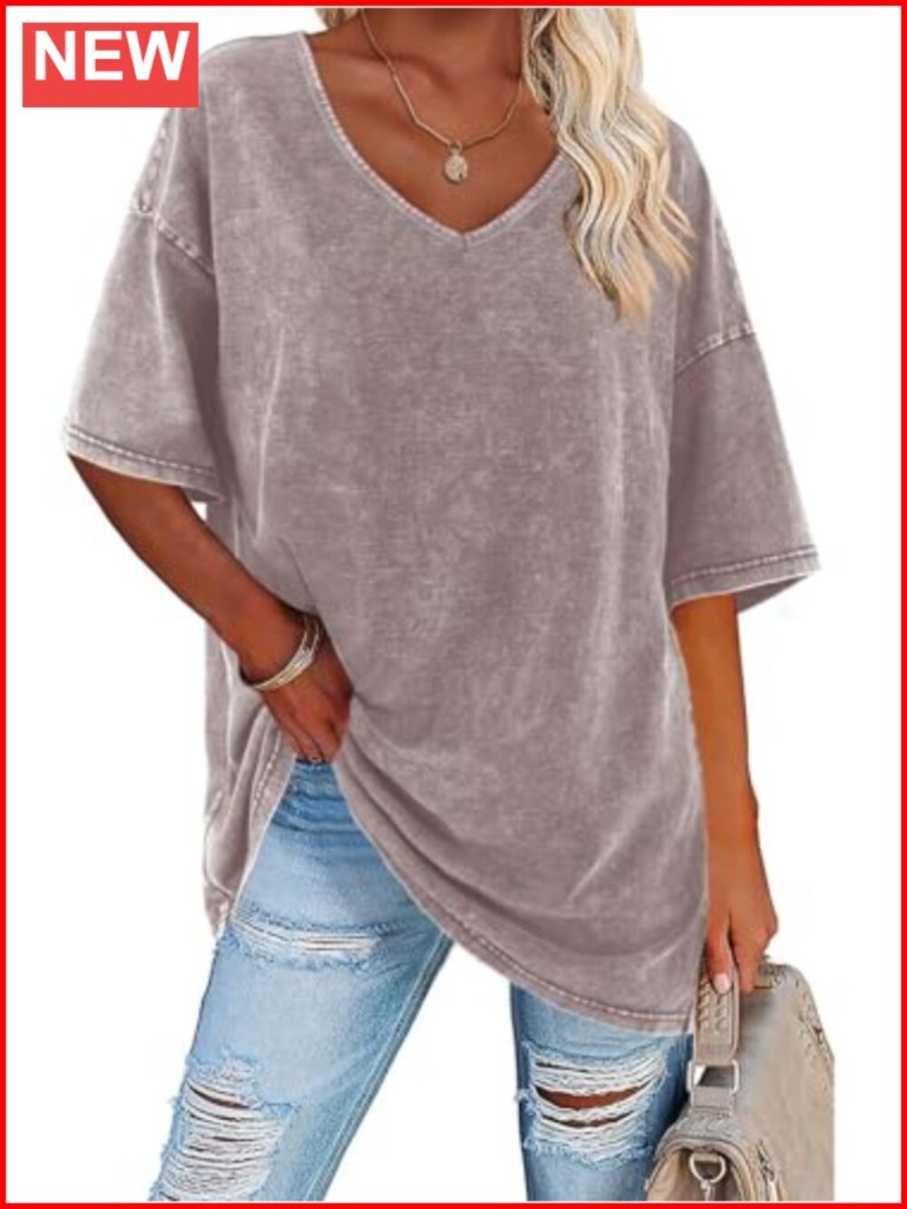 Oversized V-Neck Tunic Tee Flowy Boyfriend Top Cotton